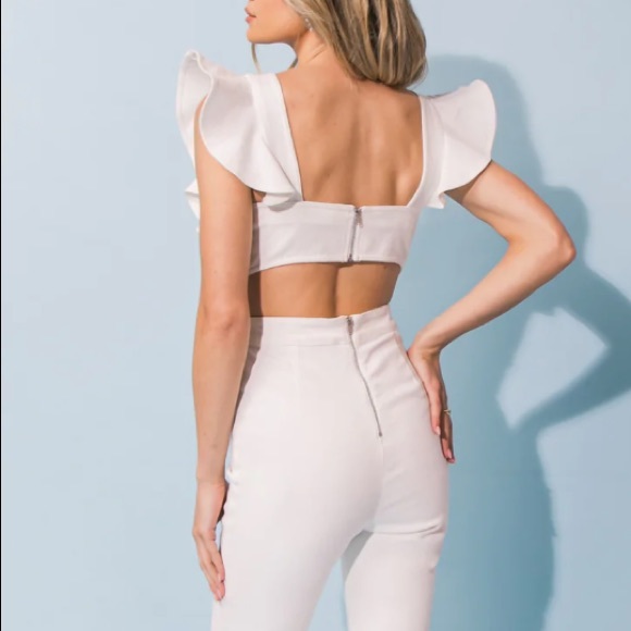 New White Denim Cut Out Jumpsuit Flare Leg Ruffle Sleeve - Picture 7 of 8